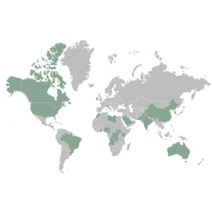 World map showing countries represented by Master of International Health learners across Africa, Asia, Europe, the Middle East, North America, Central America, and the Caribbean.