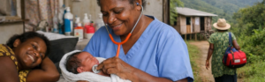 Healthcare provider examining a newborn while supporting maternal and child health services in a rural healthcare setting.